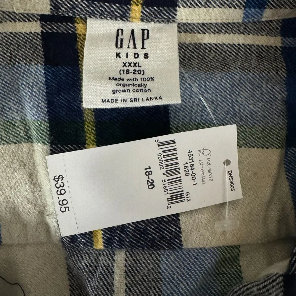 New Gap Organic Cotton Flannel Long Sleeve Button Down Shirt Boys Size 18-20